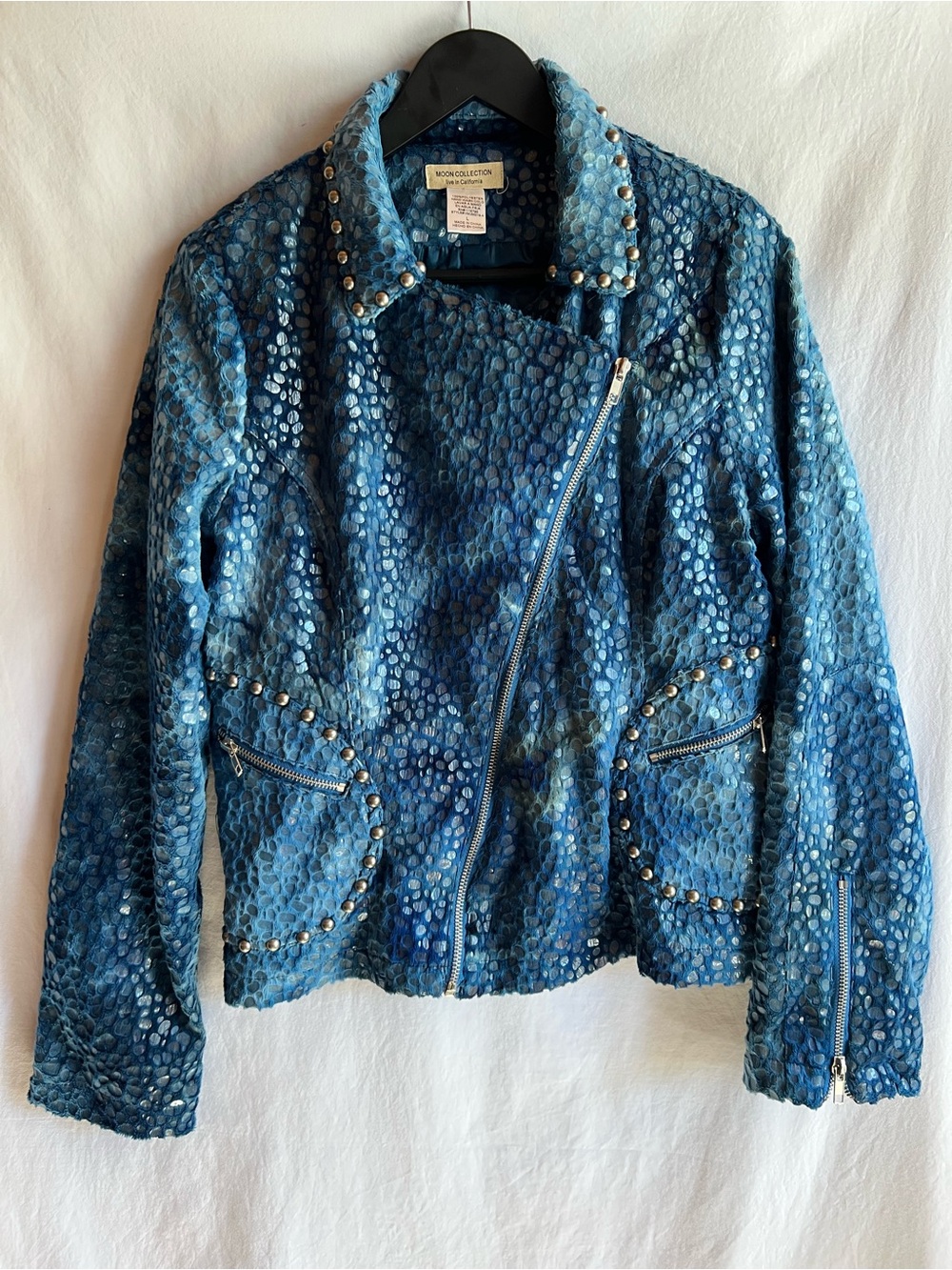 Moon Collection Blue Snakeskin Print Moto Jacket Studded Zip Up Statement Large